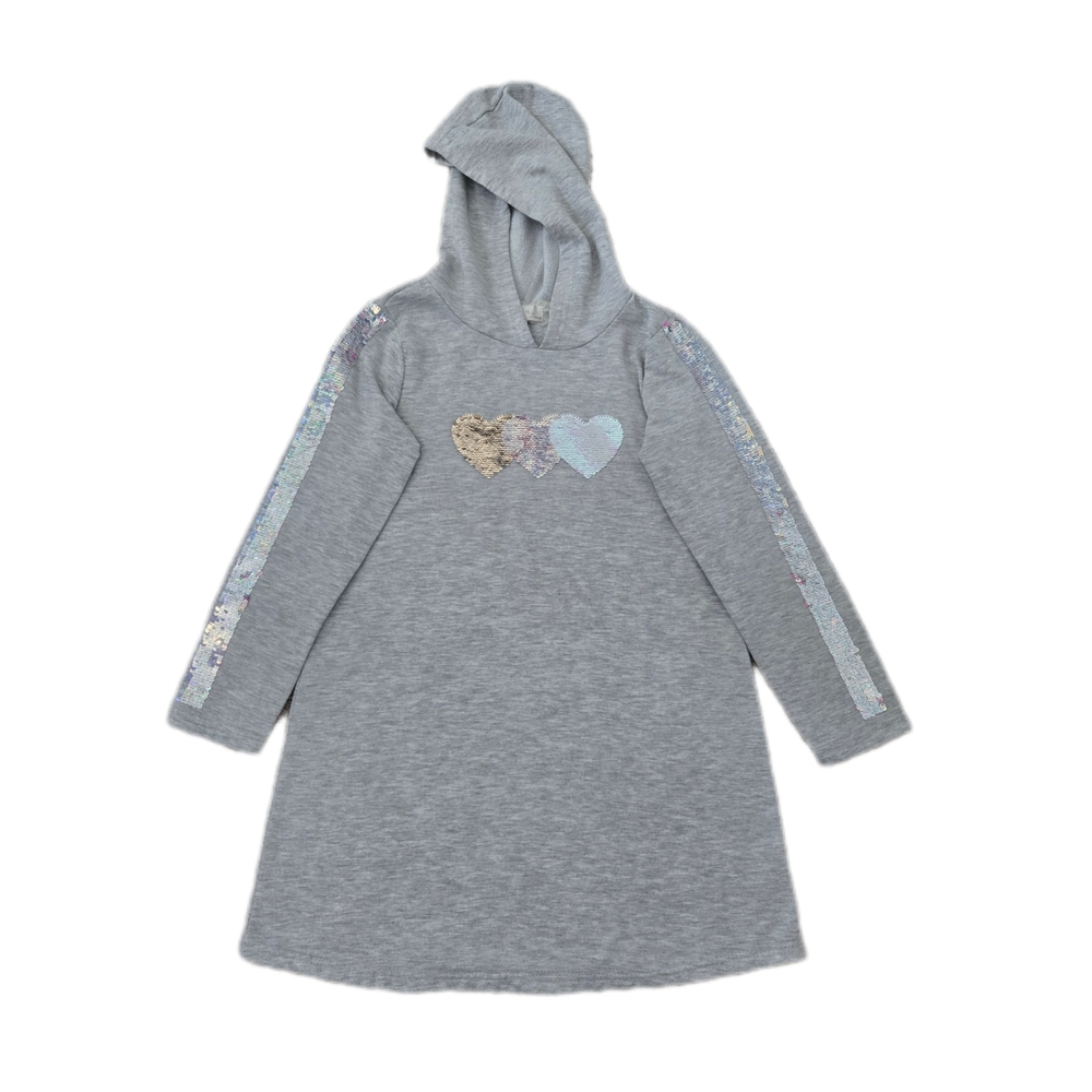 Gray Sweater Dress with Hood and Sequin Hearts long sleeves